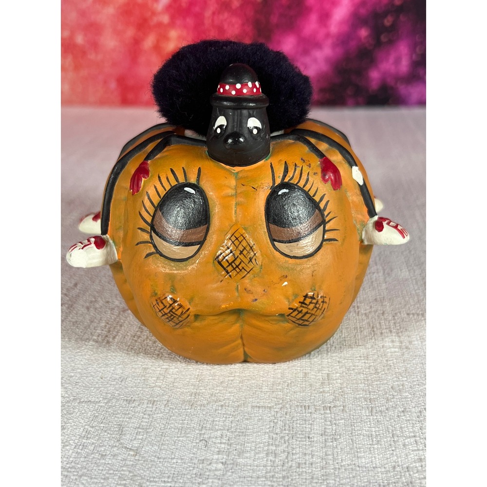 Vintage 1986 Hand Painted Ceramic Pumpkin Spider Halloween Figurine Kitsch 4.5"